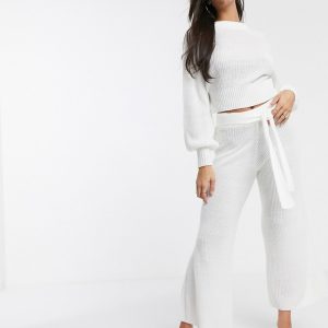 ASOS DESIGN - Premium - Hyggelige strikkede bukser med vide ben-Hvid