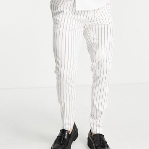 ASOS DESIGN - Ecru skinny elegante nålestribede bukser i hørblanding-Hvid