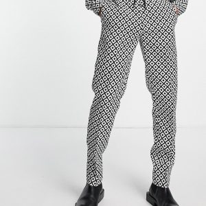 ASOS DESIGN - Elegante slim bukser i hvid med monokrom geometrisk print - Del af sæt