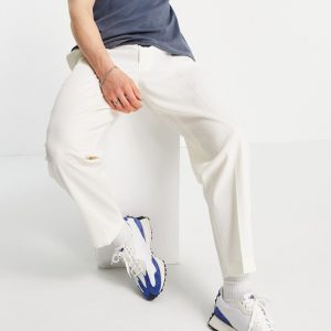 ASOS DESIGN - Hvide elegante tapered bukser i krølstof af bomuld og hør