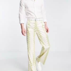 ASOS DESIGN - Elegante bukser med svaj og pastelgrønne abstrakte striber-Hvid