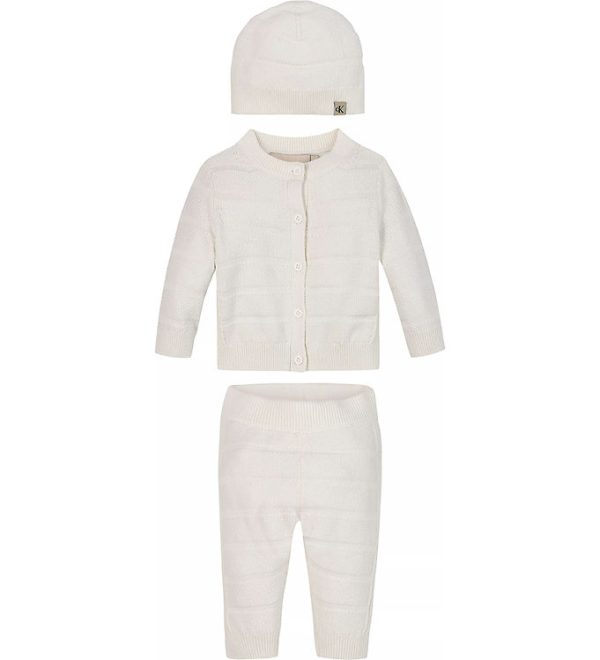 Calvin Klein Sæt - Cardigan/Bukser/Hat - Rib Strik - Ivory